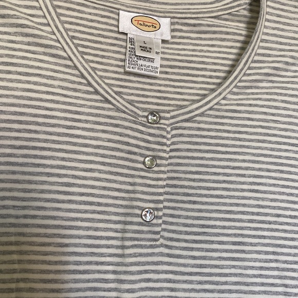 Talbots gray cream stripe tee 3/4 sleeve EUC sz L - Picture 2 of 4